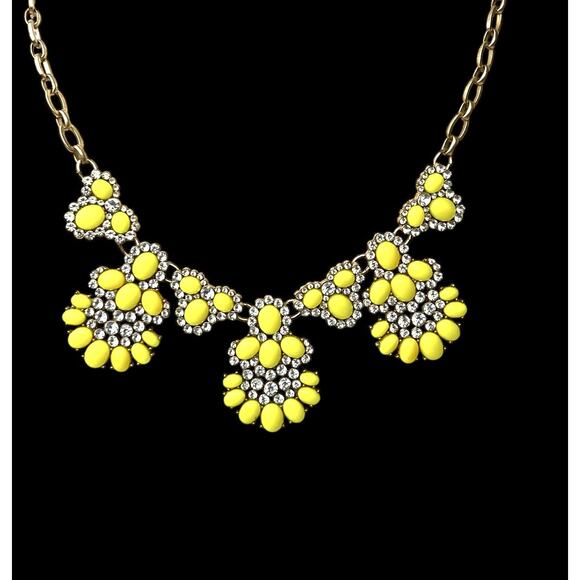 J Crew Necklace Yellow Bead Flowers Clear Rhinestones Gold Tone Chain Sparkle - Picture 7 of 11
